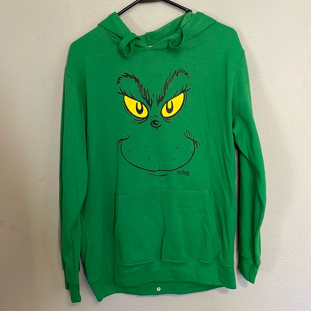 Dr. Seuss Grinch Hoodie Green Face Graphic Women's Junior’s Medium (7-9) NWOT